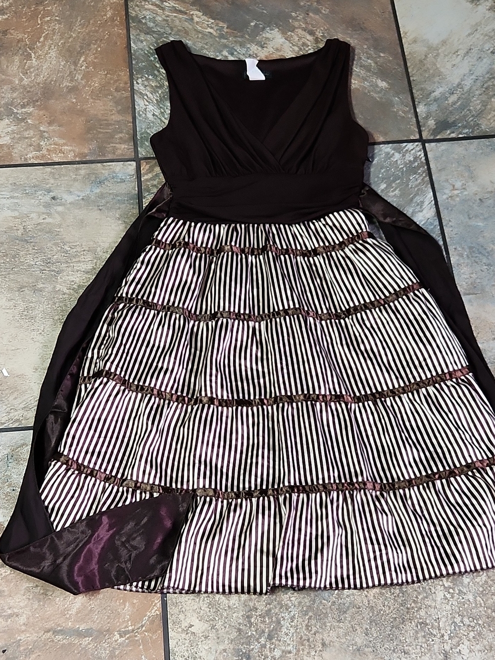 Black Sleeveless Midi Dress with Cream and Black Striped Tiered Skirt